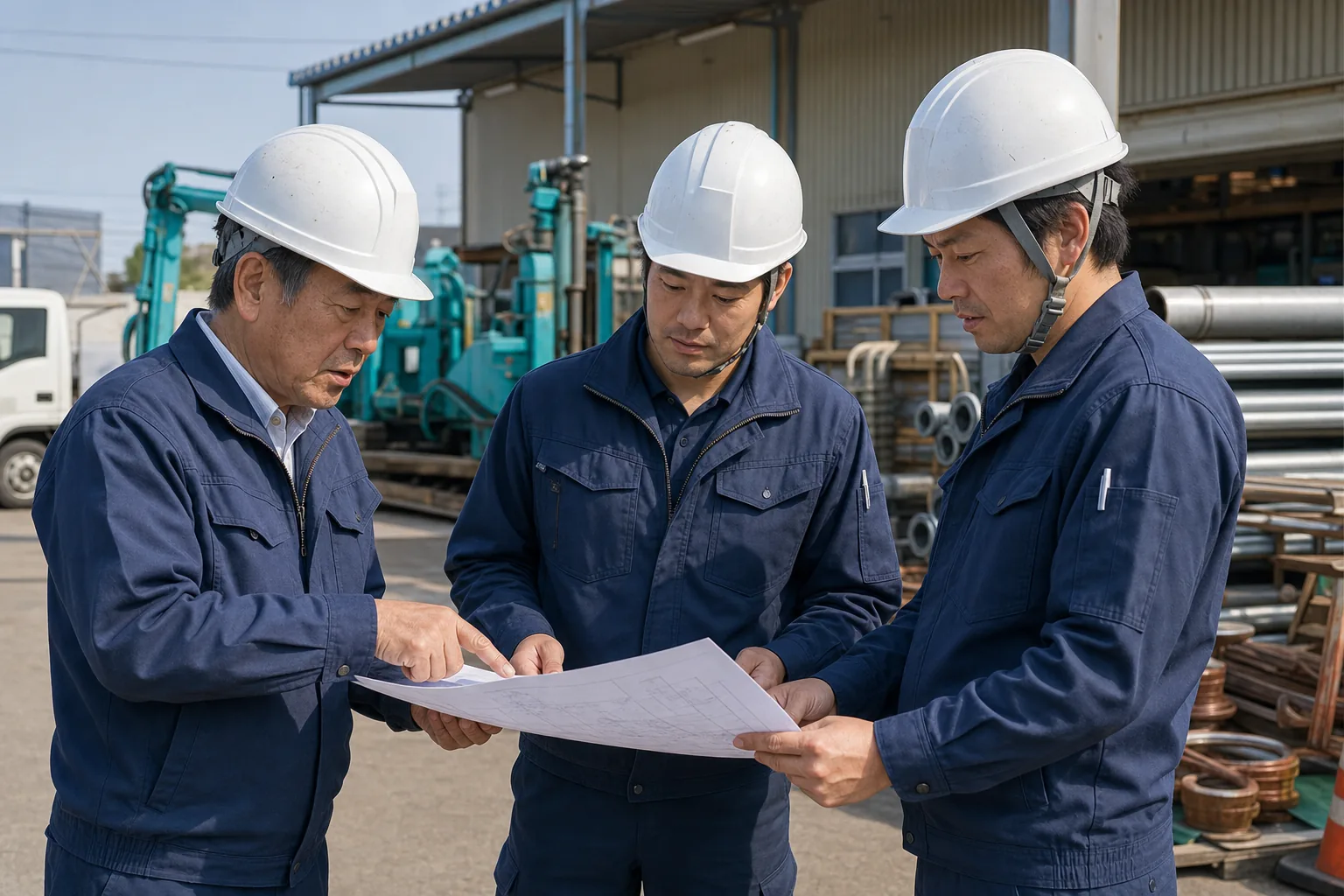 建設・設備業の承継準備をイメージした経営者と現場責任者(生成画像)