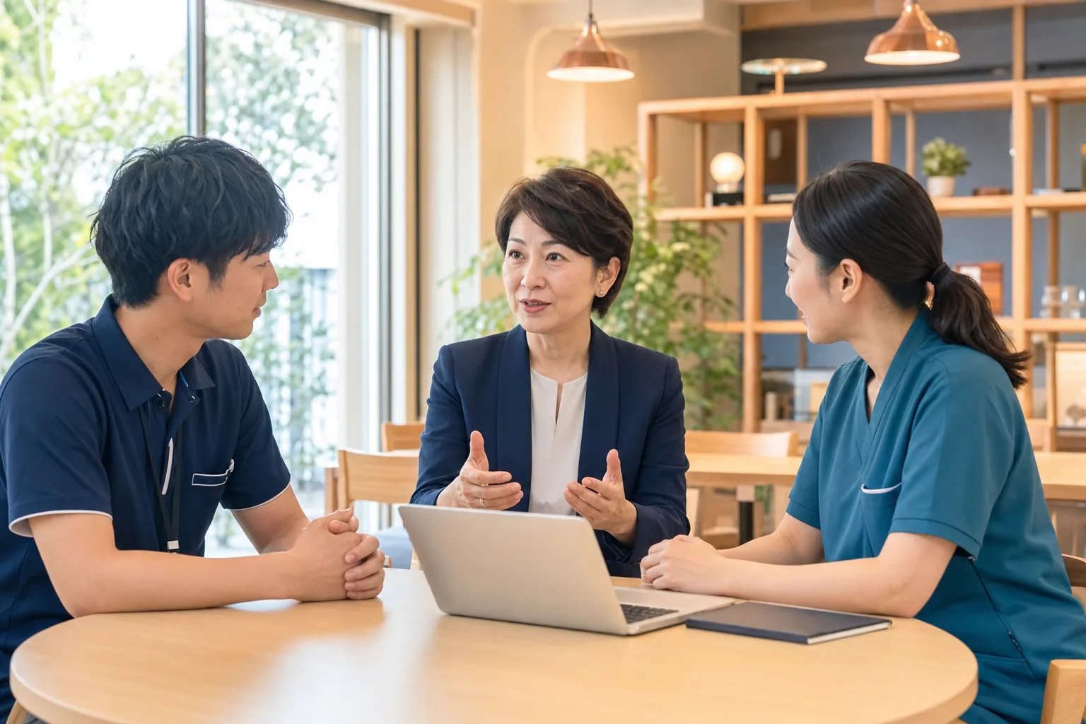 介護福祉事業の継続をイメージした施設責任者と職員(生成画像)
