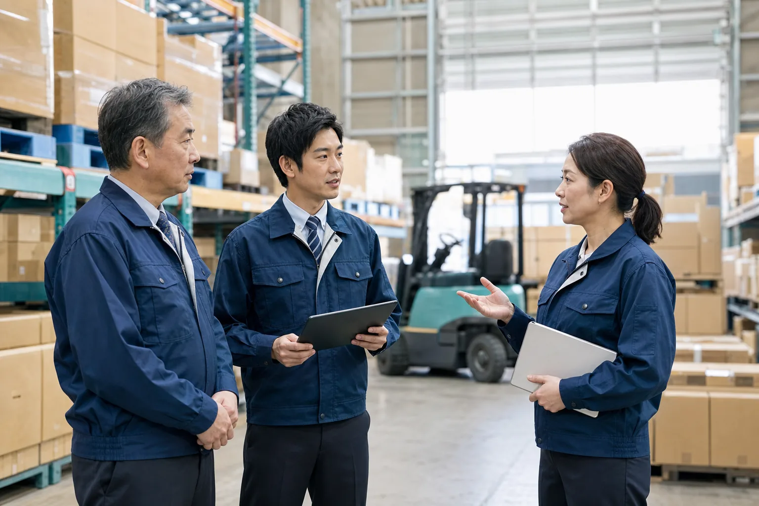 物流業の事業引き継ぎをイメージした経営者と運営スタッフ(生成画像)