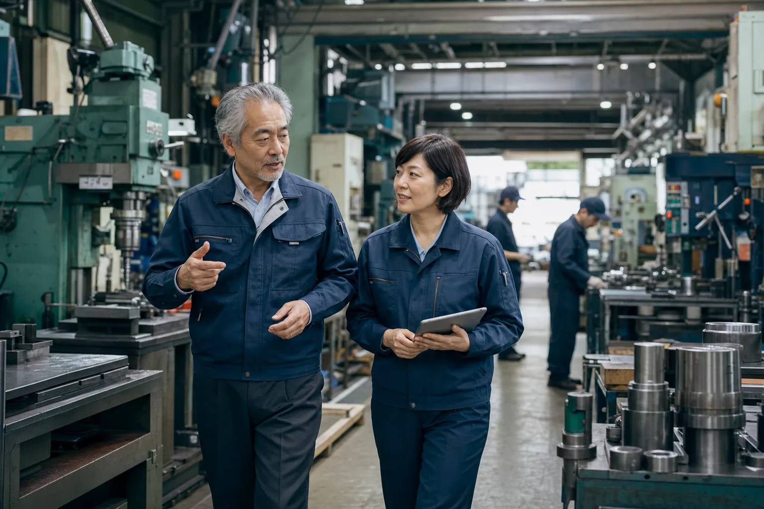 製造業の事業承継をイメージした経営者と生産責任者(生成画像)