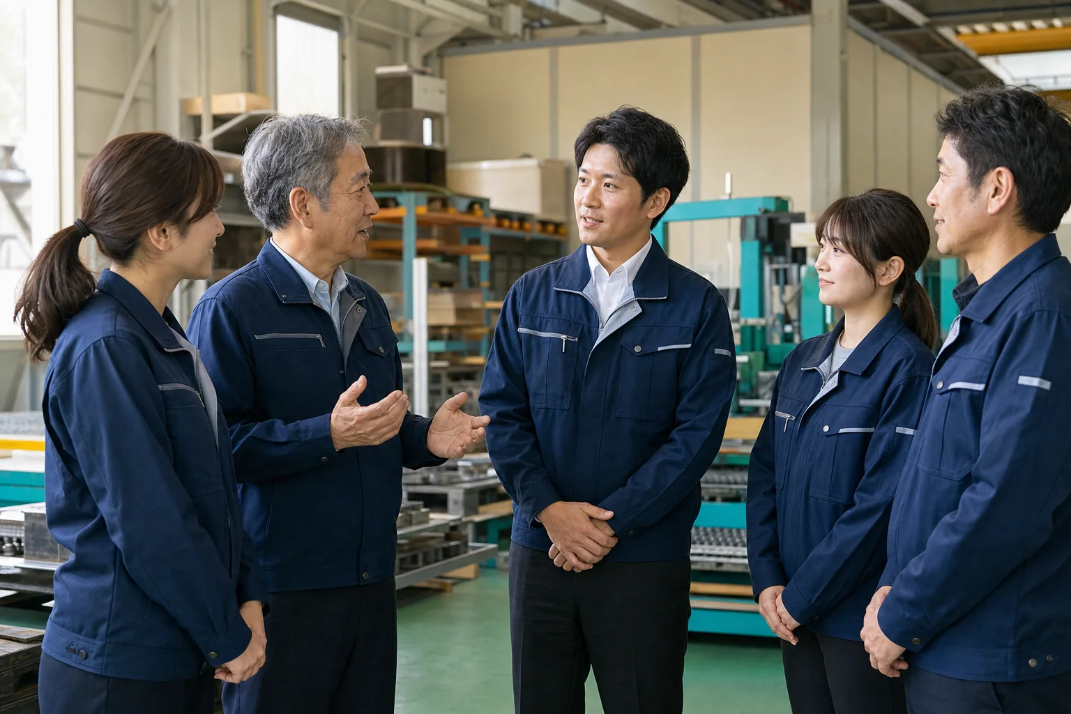 経営者と次世代承継者を囲む従業員のイメージ（生成画像）