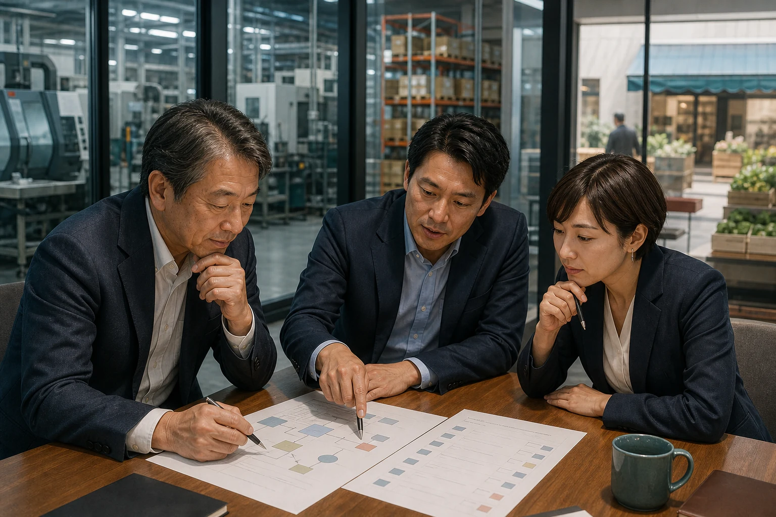 製造・物流・生活サービスなどの事業引き継ぎ項目を話し合う経営者と担当者の生成イメージ