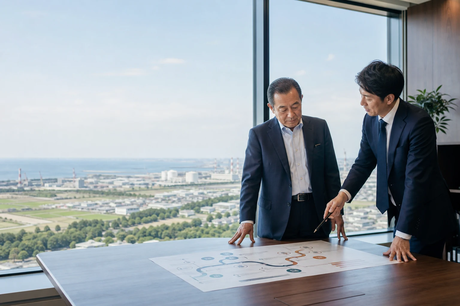 市原の多様な産業を背景に事業承継の計画を確認する経営者とアドバイザーの生成イメージ